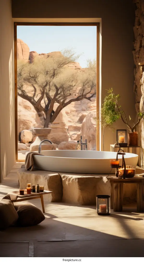 Modern Minimalist Bathroom with Desert View