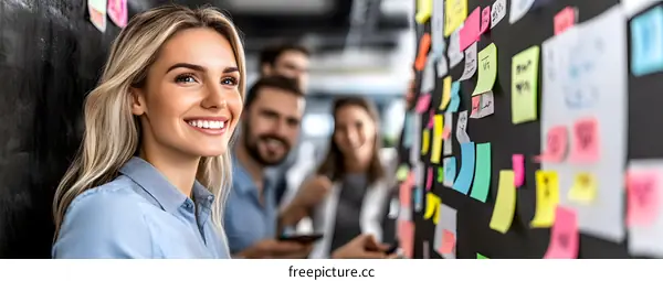 Smiling Businesswoman with Team and Sticky Notes on Wall