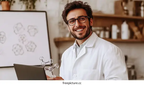 Smiling Scientist with Molecular Model