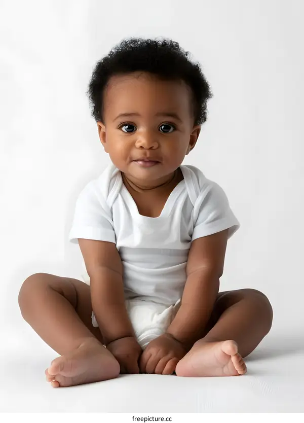 Portrait of a Cute Black Baby Sitting on a White Background
