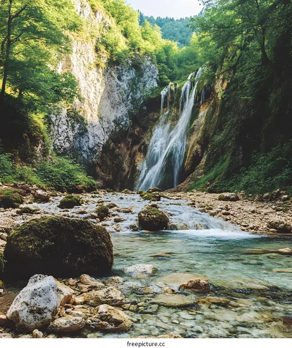 Waterfall Flowing Through A Lush Green Forest