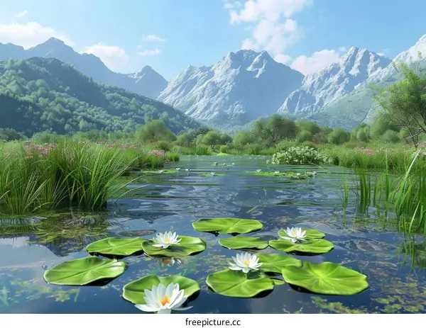 Serene Mountain Lake with Water Lilies