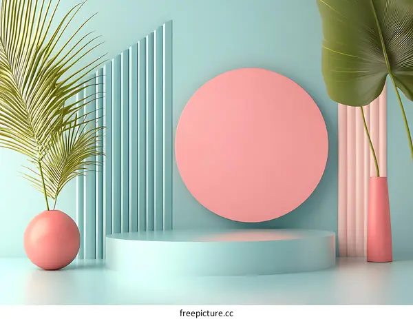 Minimalist 3D Render of a Blue and Pink Product Display Stand with Palm Leaves