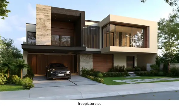 Modern Luxury Home Exterior Design With Black Car in Garage