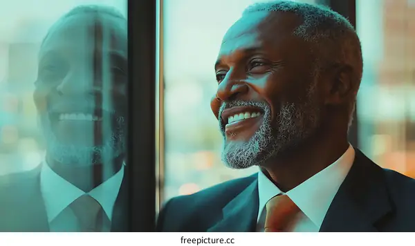 Smiling African American Man Looking Out Window