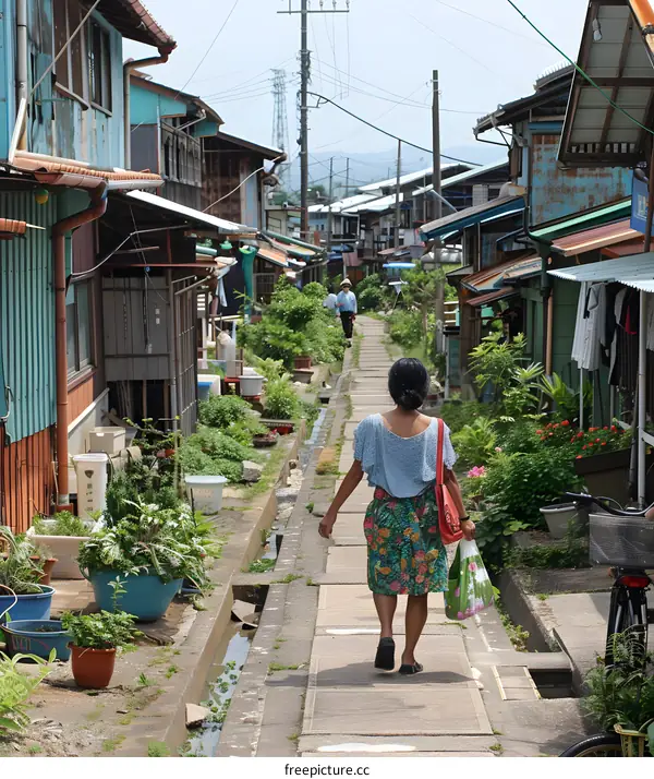 Woman Walking Through Narrow Alleyway in Japanese Town