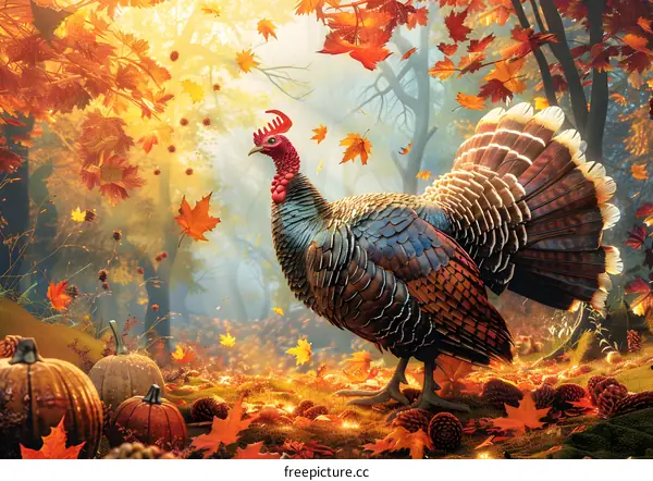 A majestic turkey stands in a forest of falling leaves.