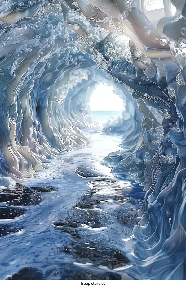 Mystical Ice Cave with Luminous Blue Water and Glowing Light at the End of the Tunnel