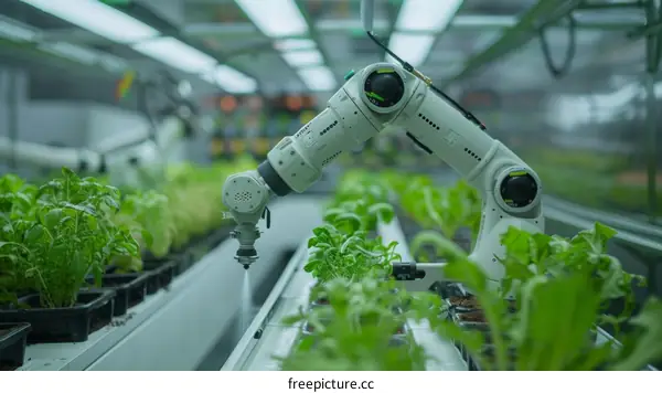 Automated indoor vertical farming system with robotic arm watering plants