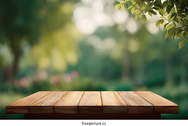 Wooden Tabletop in a Blurred Natural Background