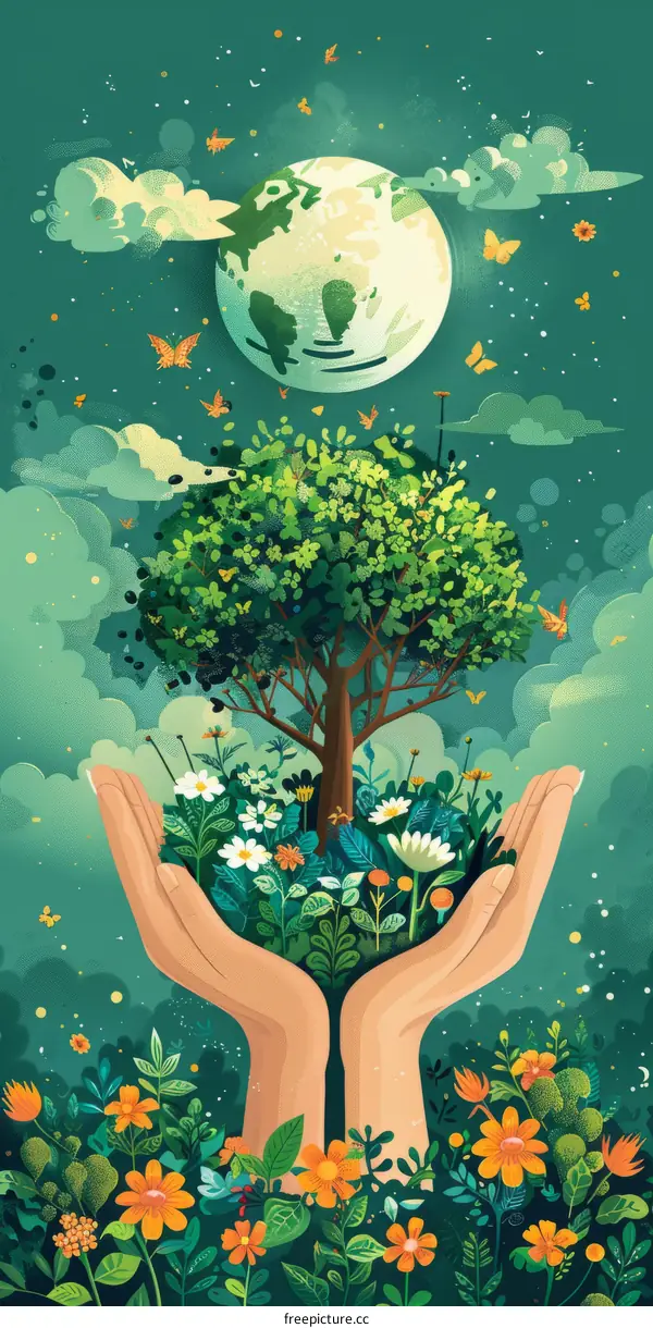 Protecting Our Earth: Hands Holding the Globe Surrounded by Flowers and Butterflies