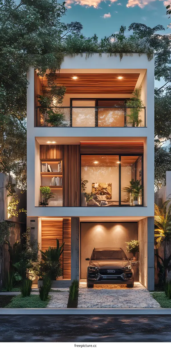 Modern House with Green Roof and Car in Garage