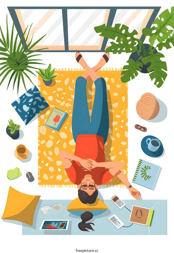 Woman Relaxing on a Rug With Plants and Books