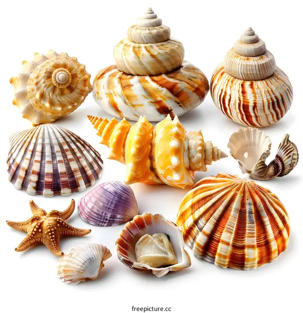 Variety of seashells on white background