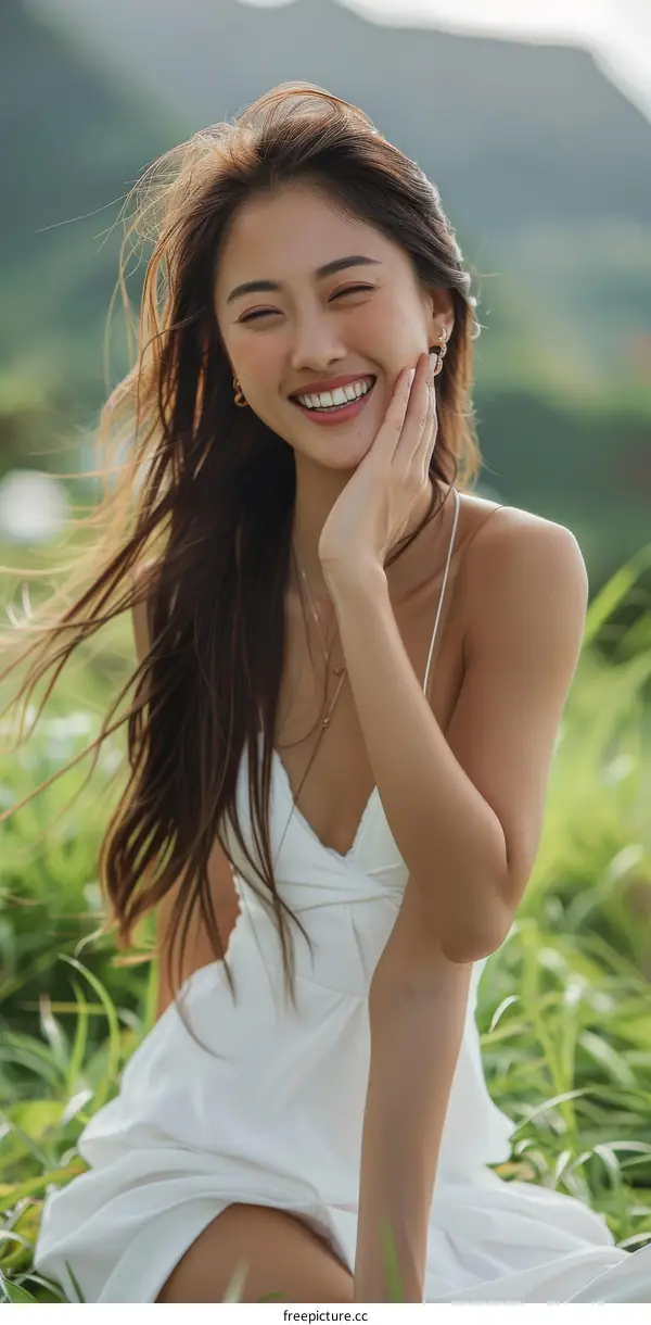An Enchanting Smile Amidst Nature's Embrace: A Young Woman's Joy in the Green Fields