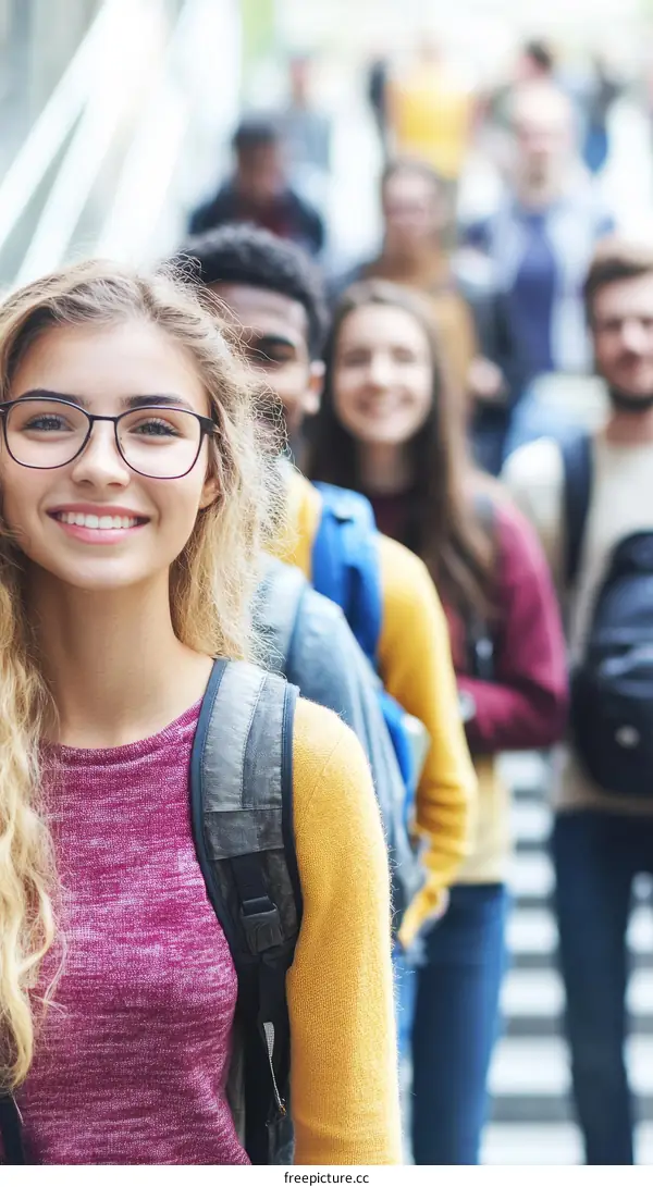 Diverse Students in a Line on Campus Steps