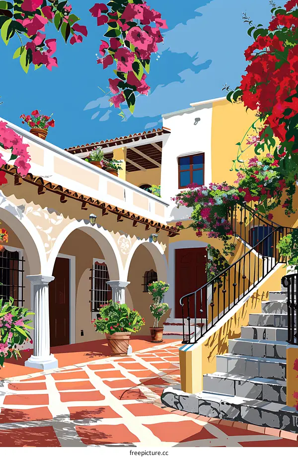 Spanish Colonial Style Courtyard with Arched Entrance and Flowers