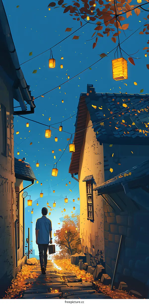 Man Walking Through Autumnal Town with Floating Lanterns