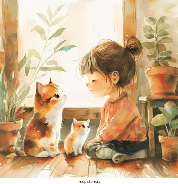 A girl is sitting on the floor with two cats