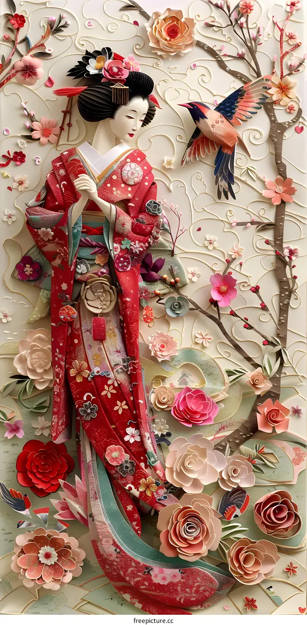 A Japanese woman wearing a kimono stands in a garden of cherry blossoms.