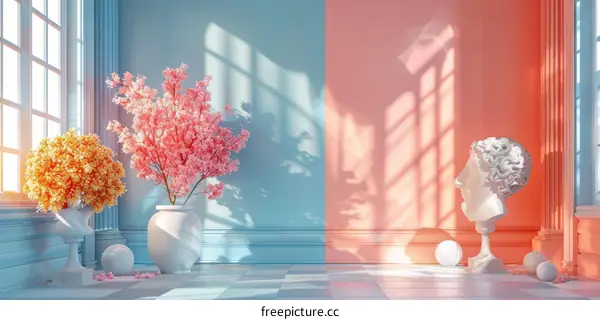 Pastel Room with Cherry Blossoms and Classical Bust