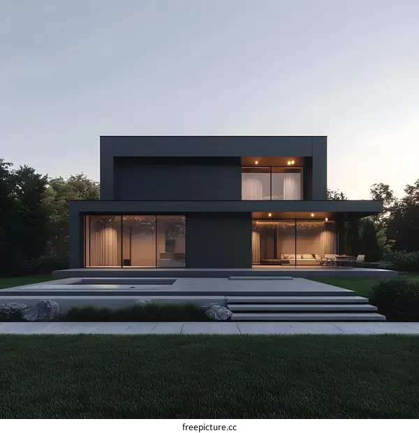 Modern Minimalist Black House with Pool and Lawn