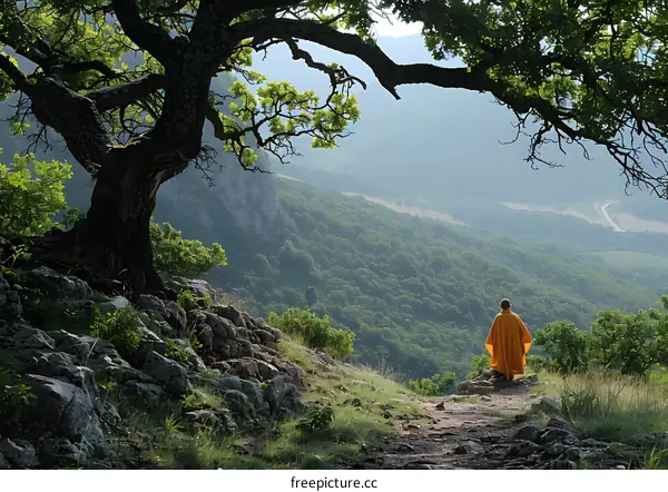 Monk meditating in the mountains