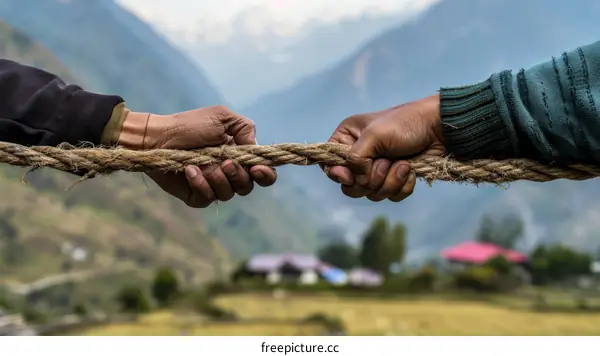 Tug of war between two people with a rope in a rural area