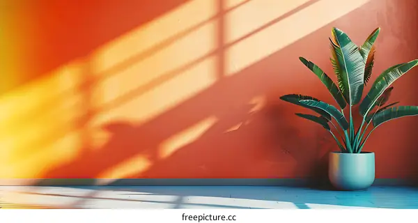 Minimalist Interior Design with Orange Wall and Green Plant