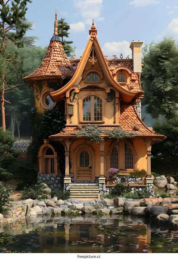 Fantasy House with a Pond and Lush Greenery