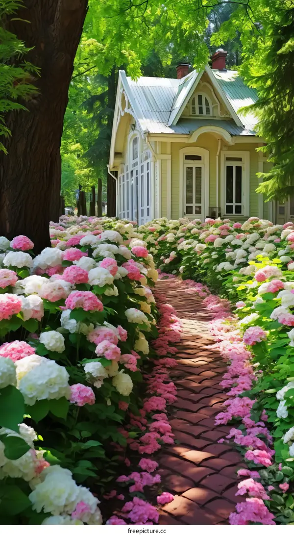 A beautiful flower garden with a house in the background