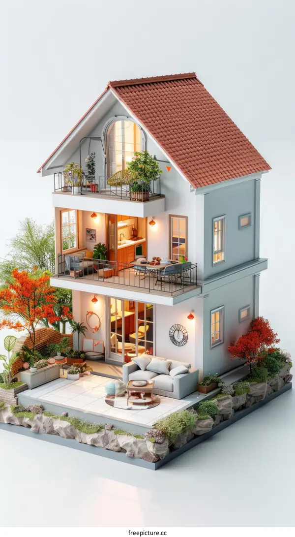 3D rendering of a two-story house with a red roof and a garden