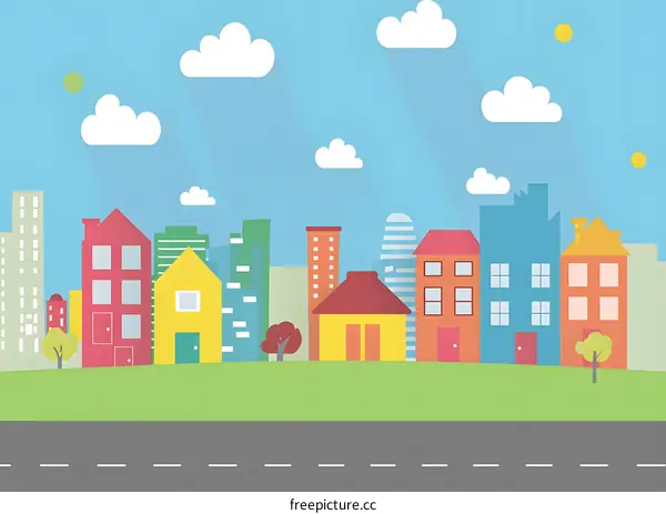 Colorful Flat Illustration of Cityscape with Houses and Clouds