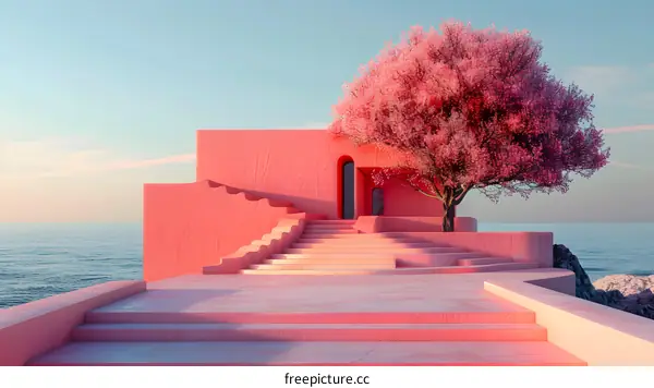 pink house near water with pink tree