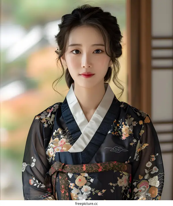 Portrait of a young woman in a traditional Korean hanbok dress