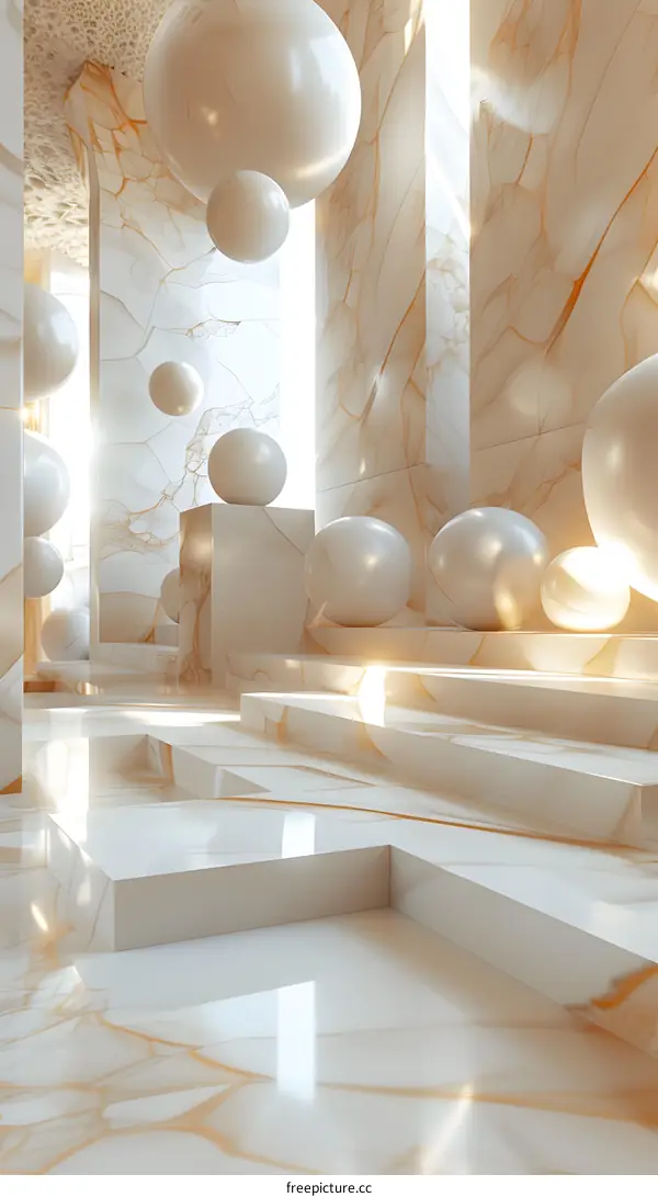 3D rendering of a surreal marble room with floating spheres