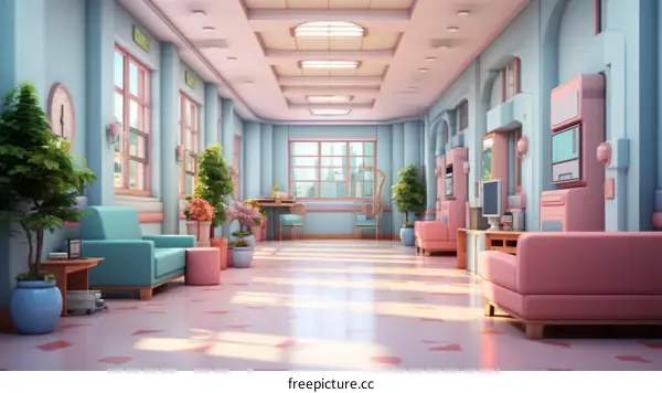 Long Pink and Blue Pastel Hospital Hallway