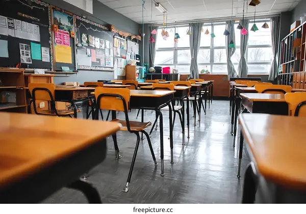 Empty Classroom with Desks and Chairs