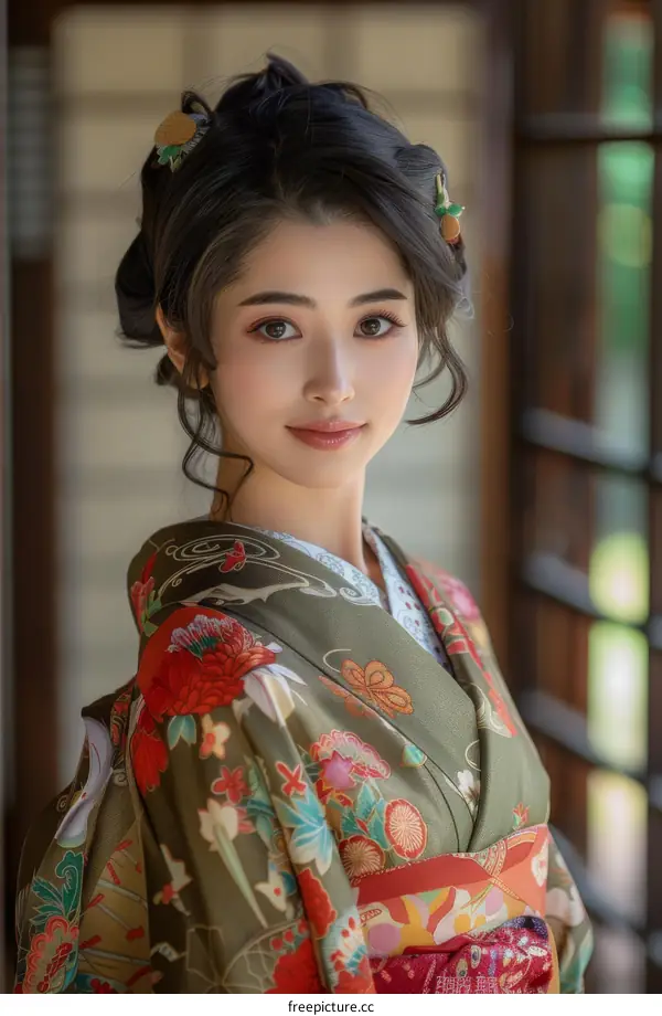 Portrait of a beautiful Japanese woman in traditional kimono
