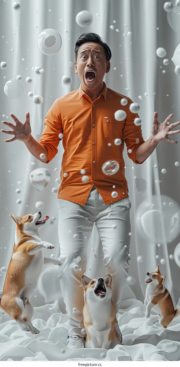 A man and three dogs are in a room full of bubbles