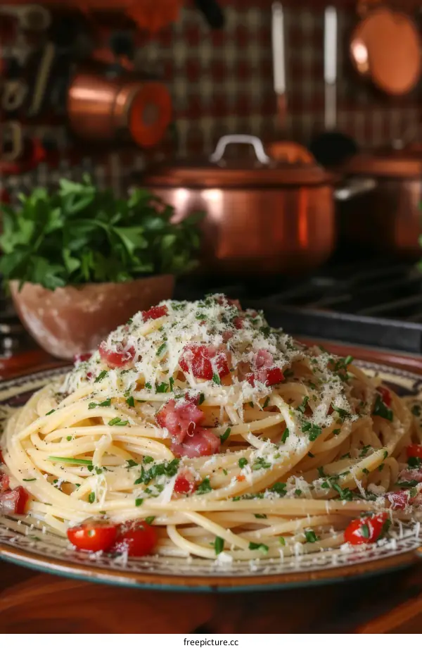 A plate of spaghetti with bacon and cheese