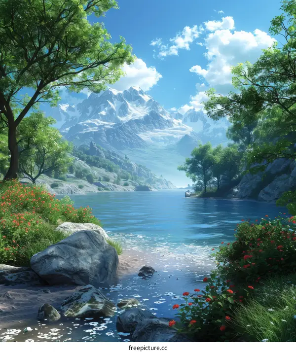 Enchanting Fantasy Landscape with Towering Mountains, Serene River and Blooming Flowers