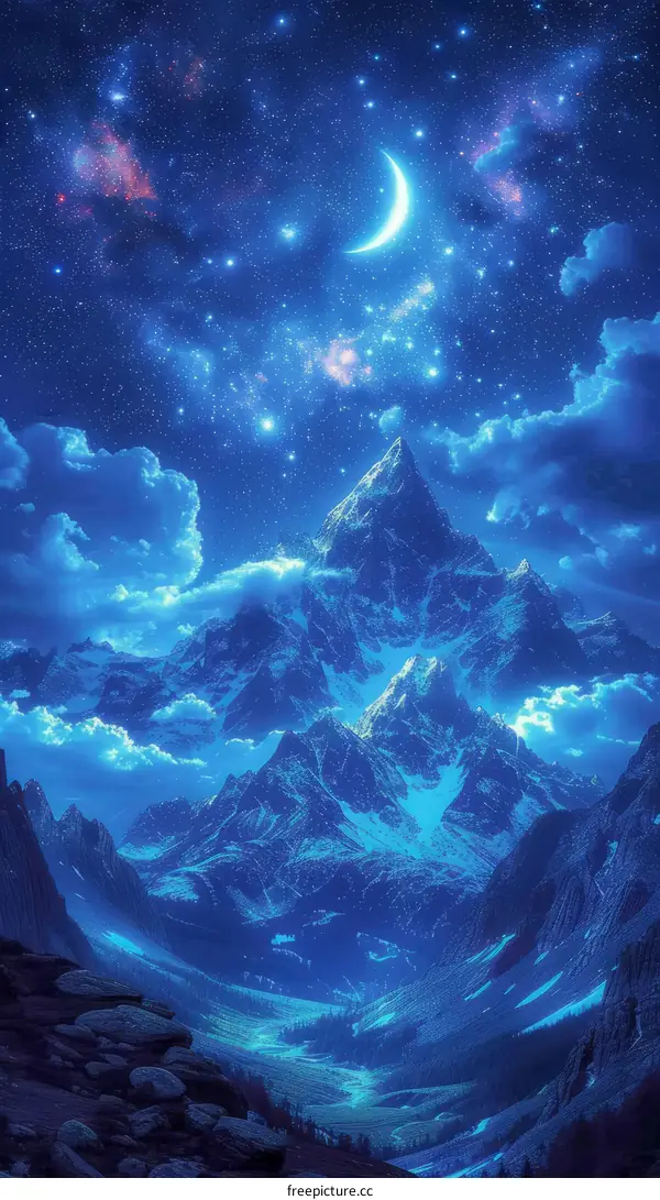 Fantasy landscape with mountains and a starry night sky