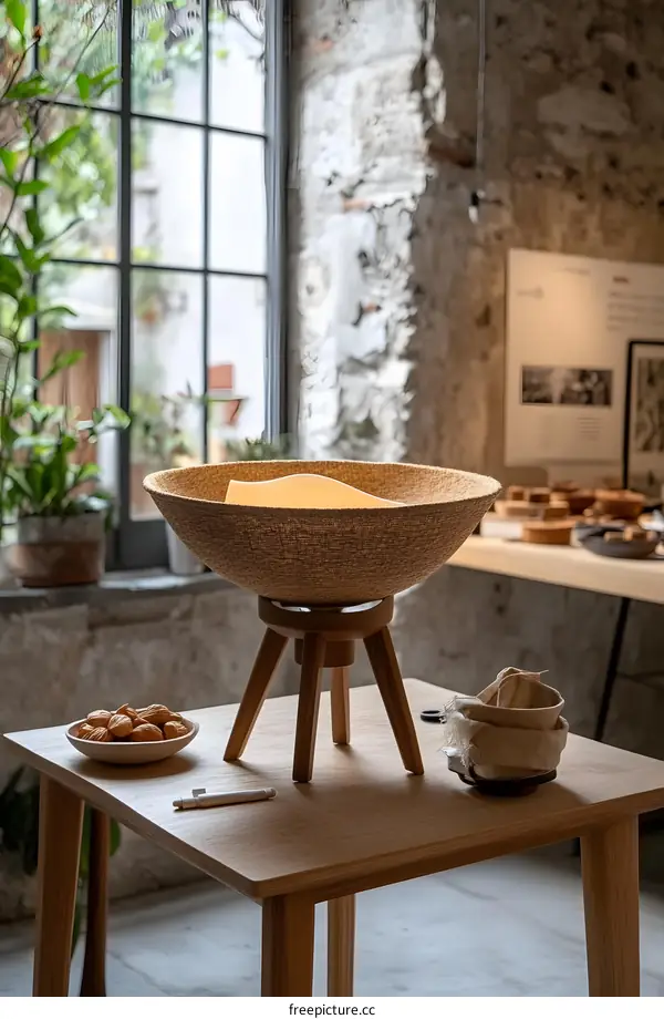 Modern Woven Lamp with Wooden Stand on Wooden Table