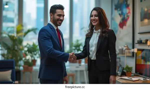 Business handshake agreement between a man and a woman in suits in an office