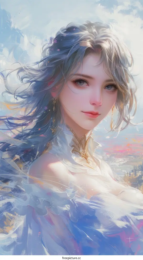 Beautiful Woman with Flowing Hair and Delicate Features