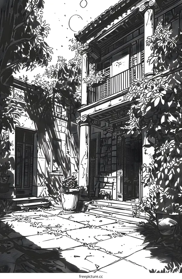 Black And White Illustration Of A House With A Balcony