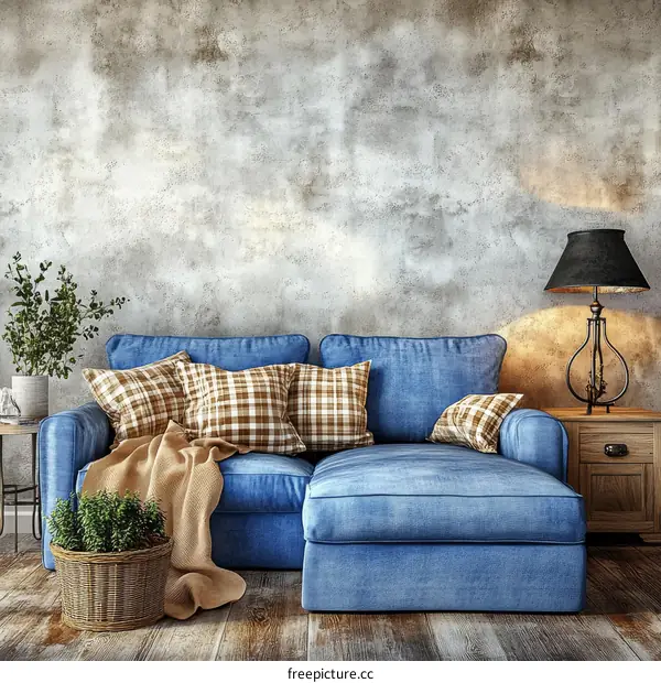 Rustic Living Room with Blue Sectional Sofa