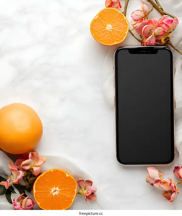Flat Lay of Orange Slices Flowers and Smartphone on Marble Background