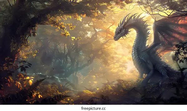 A green dragon with grey wings sits in a sunlit forest